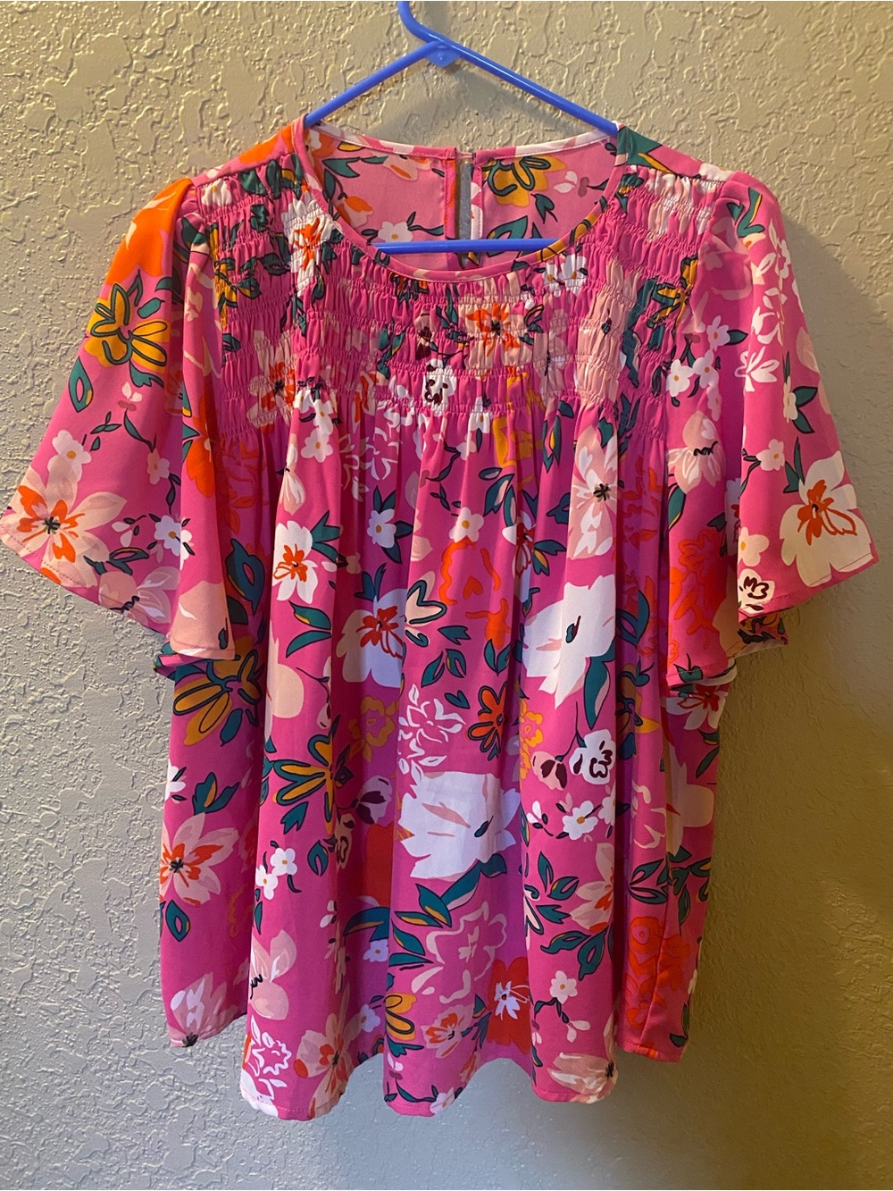 Bright Pink Floral Smocked Short Sleeve Blouse medium/large